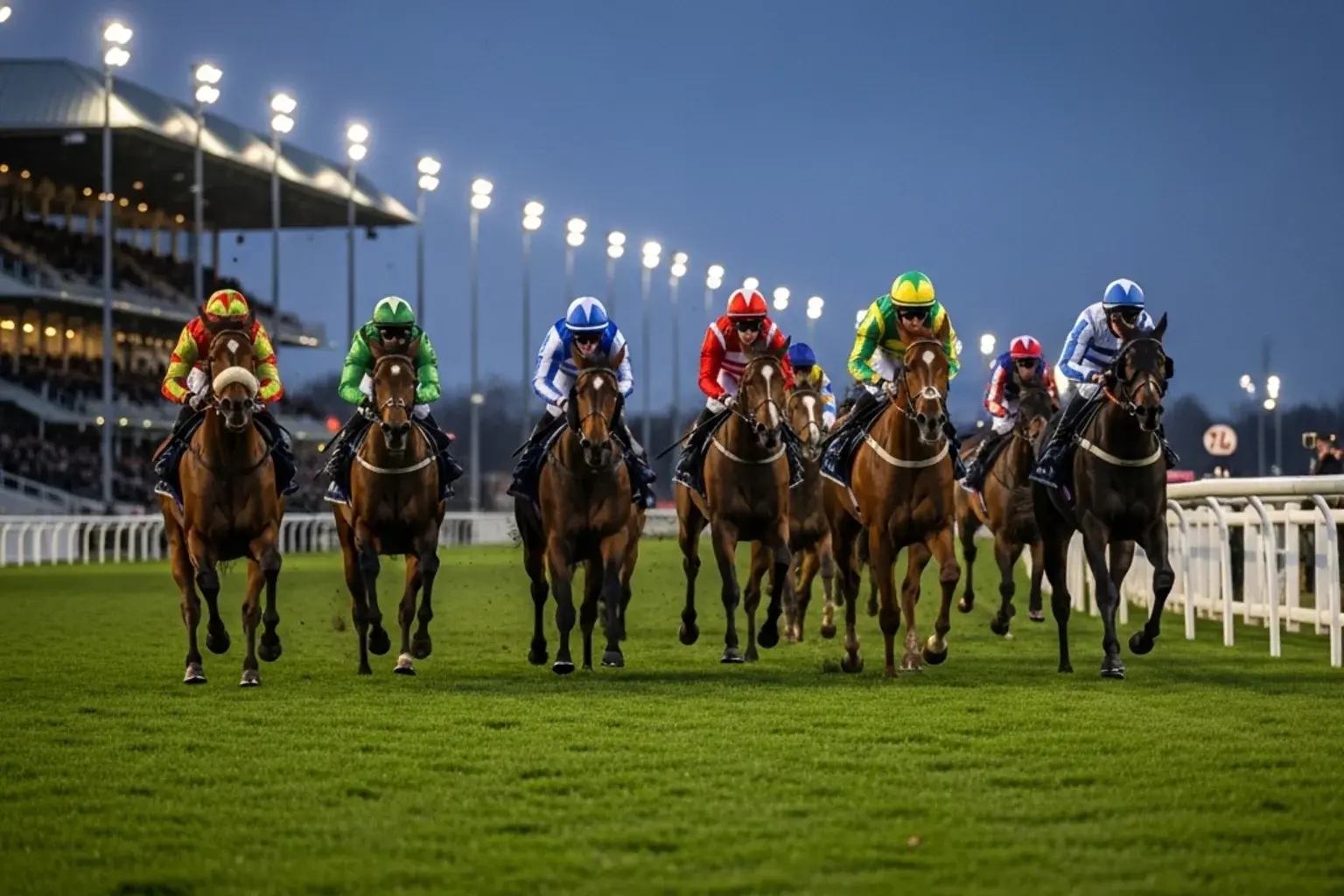 A British all-weather racecourse with a Polytrack synthetic surface and a field of flat horses turning into the home straight under floodlights