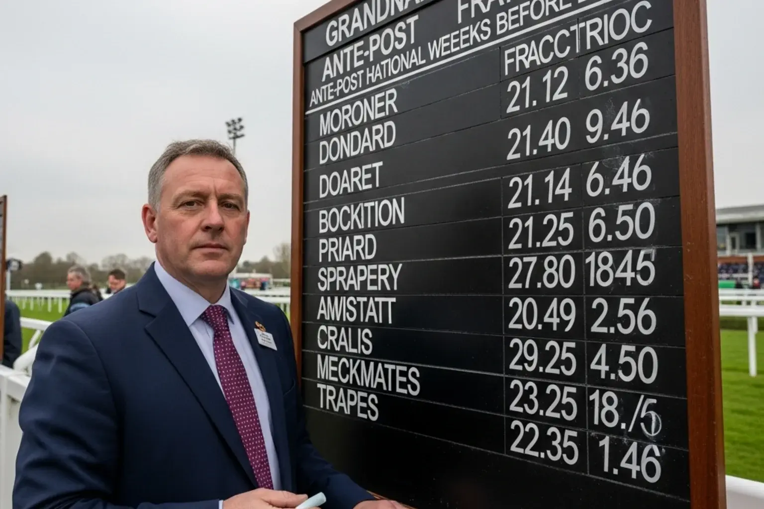 An on-course bookmaker chalking up ante-post prices for the Grand National on a board at a British racecourse weeks before the meeting
