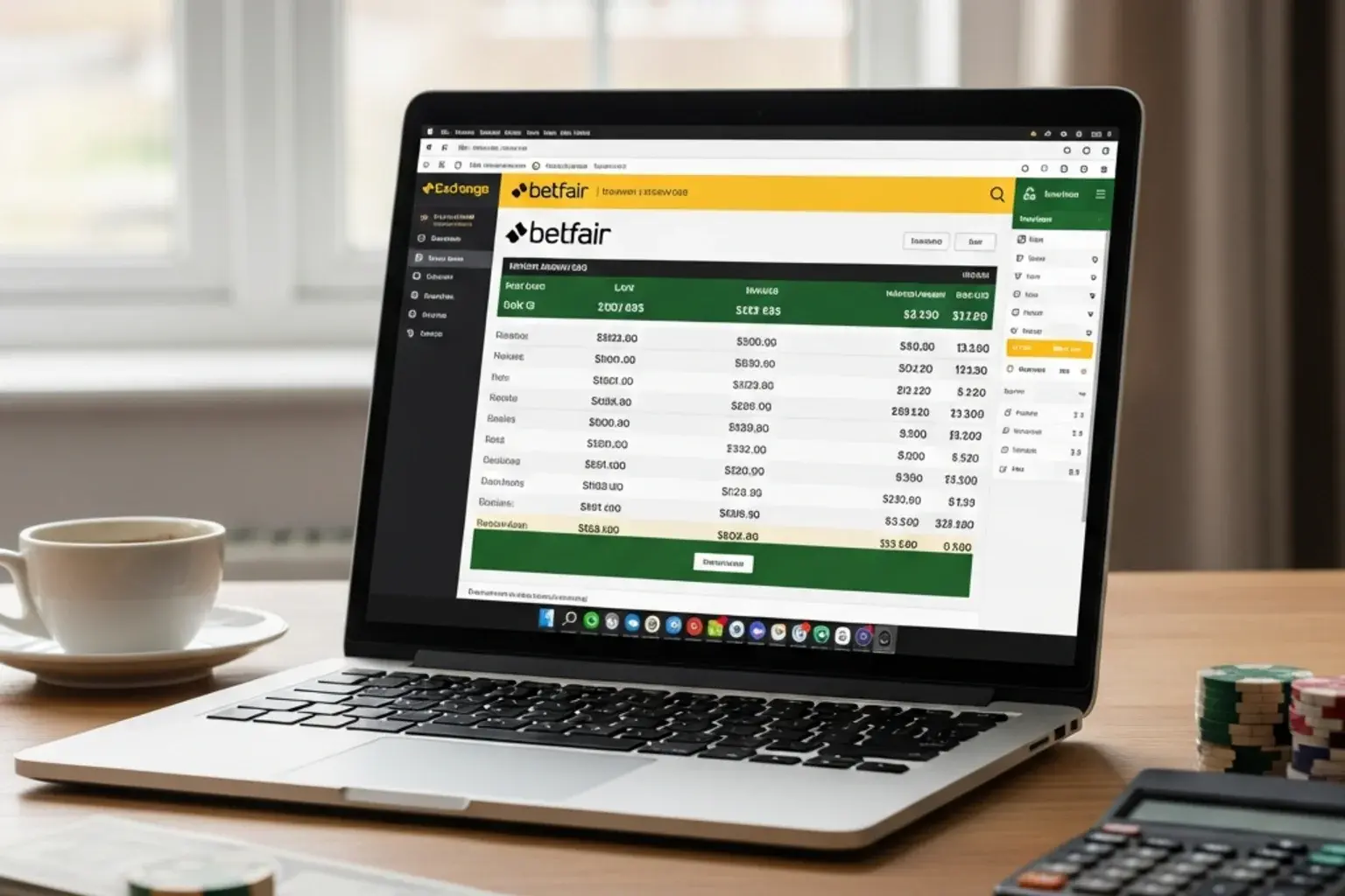 A laptop screen showing a Betfair Exchange horse racing market with back and lay prices and matched amounts in a column