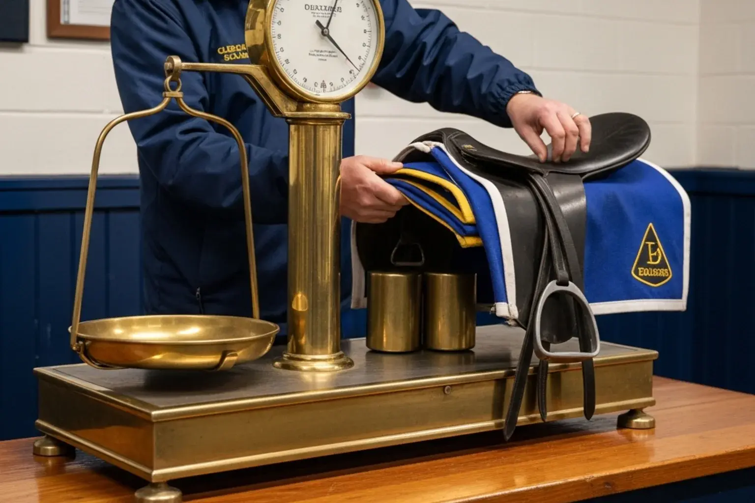 A horse racing weighing-room scale with a jockey