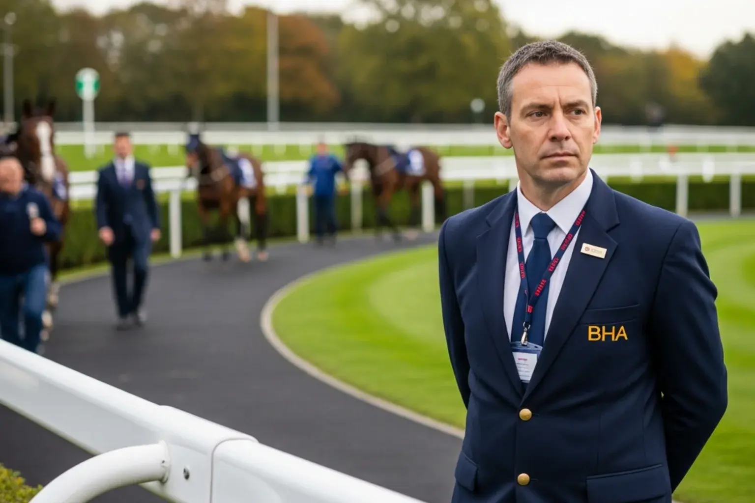 A BHA stipendiary steward in a navy blazer standing beside the parade ring rail at a British racecourse before the off