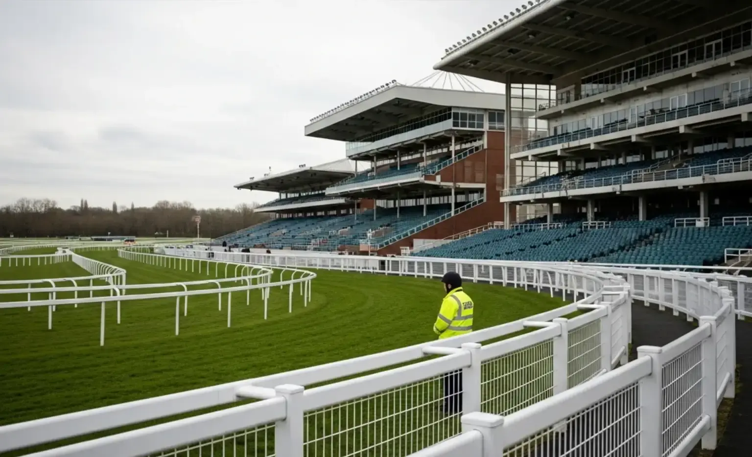 A British racecourse home straight viewed from the grandstand with the rails curving left into the bend