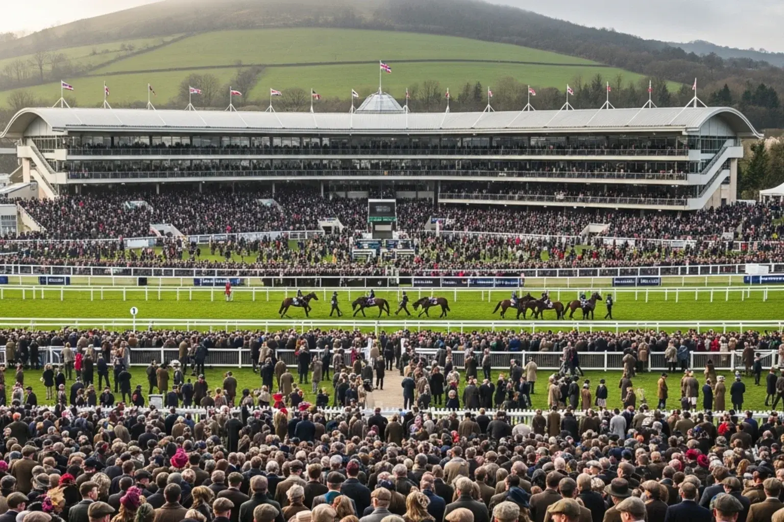 Crowds in front of the grandstand at the Cheltenham Festival during the Gold Cup — UK National Hunt racing