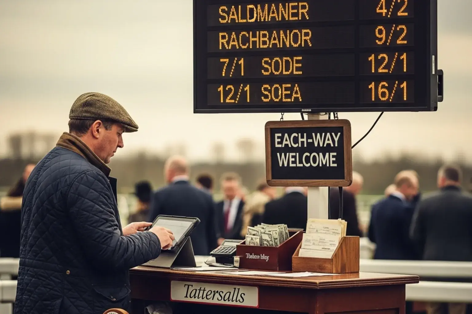 On-course bookmaker board at a UK racecourse showing each-way prices and place fractions for a handicap race
