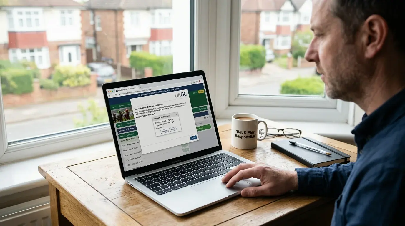A laptop screen showing a UK betting account verification page with a financial risk assessment notice and a deposit confirmation dialog