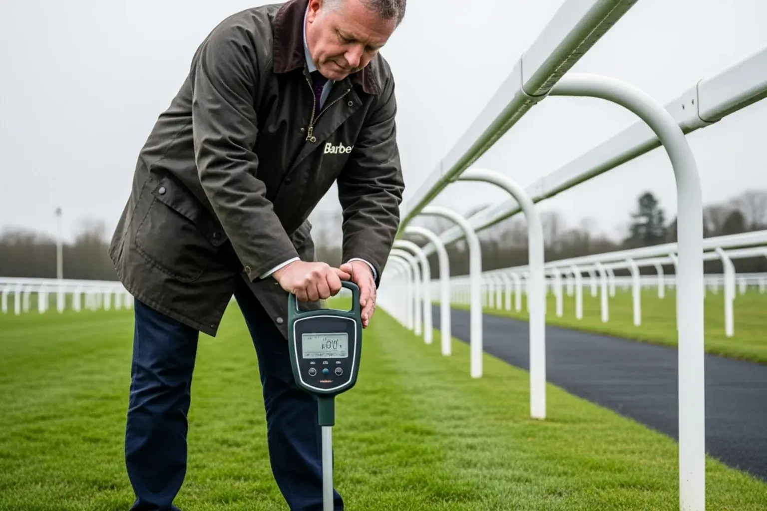 A clerk of the course pressing a Going Stick penetrometer into the turf of a British racecourse on a soft morning