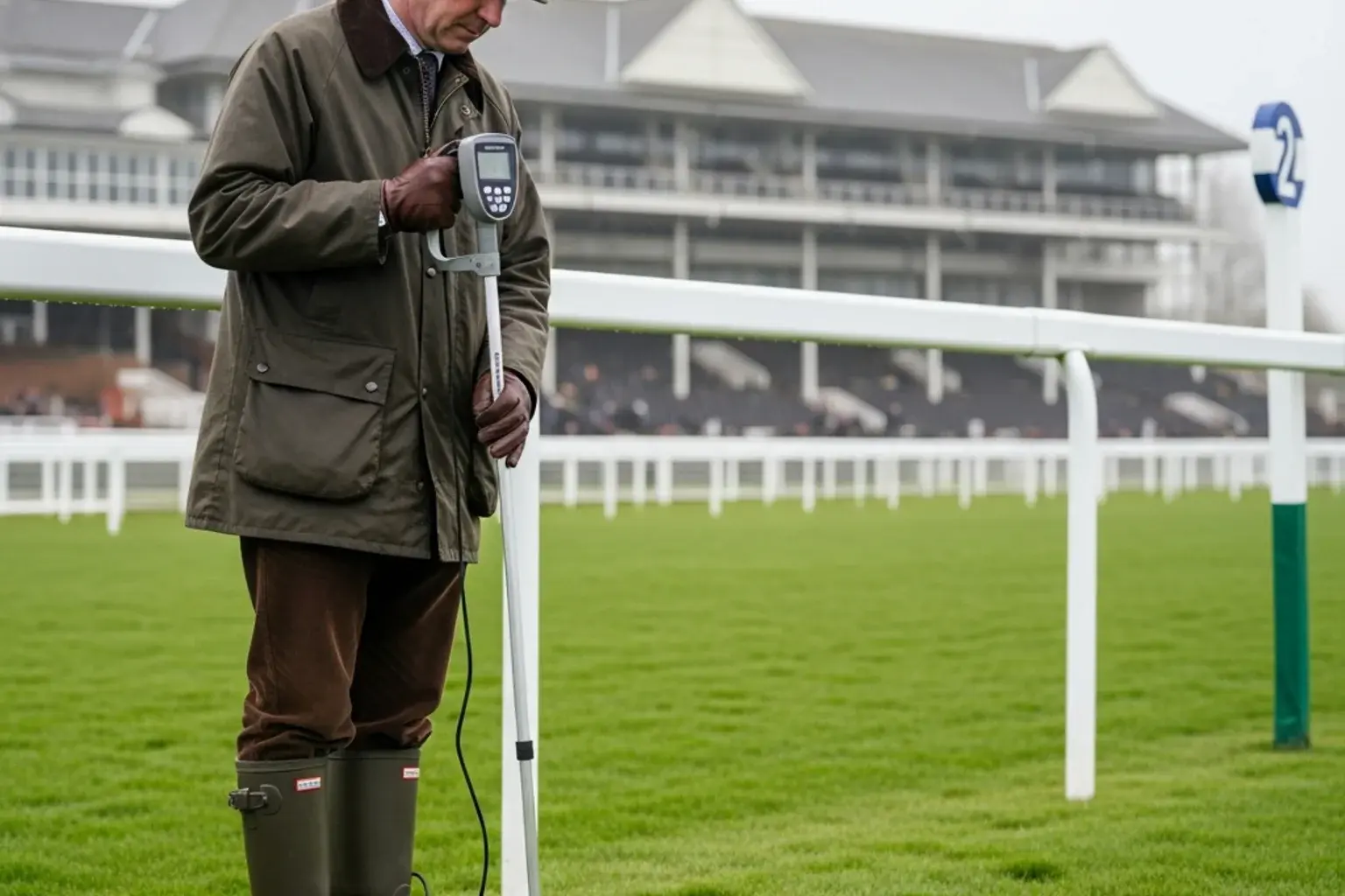 Clerk of the course taking a Going Stick reading on turf at a British racecourse — measuring ground condition
