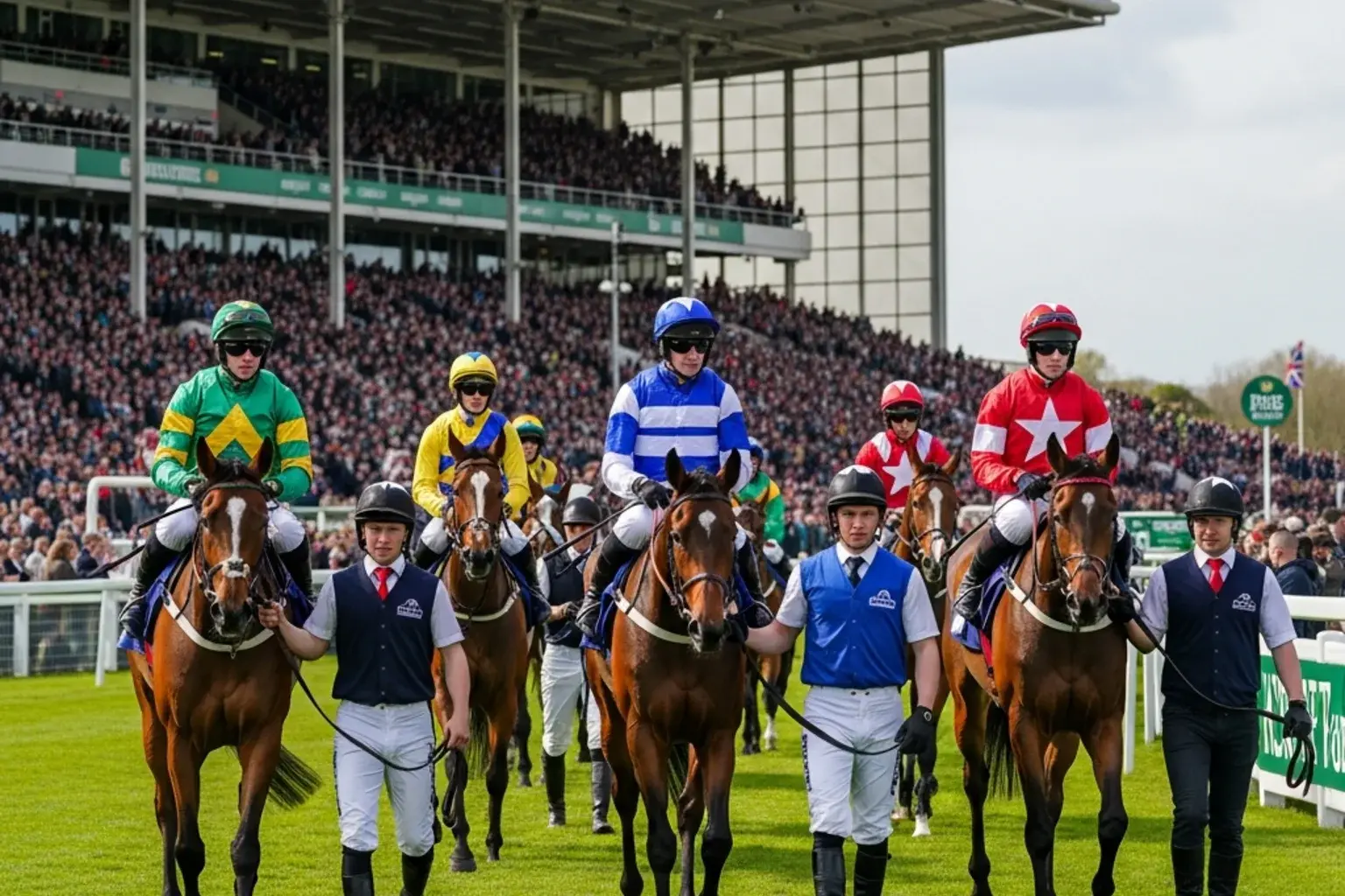 The Aintree grandstand on Grand National day with the runners filing out for the parade
