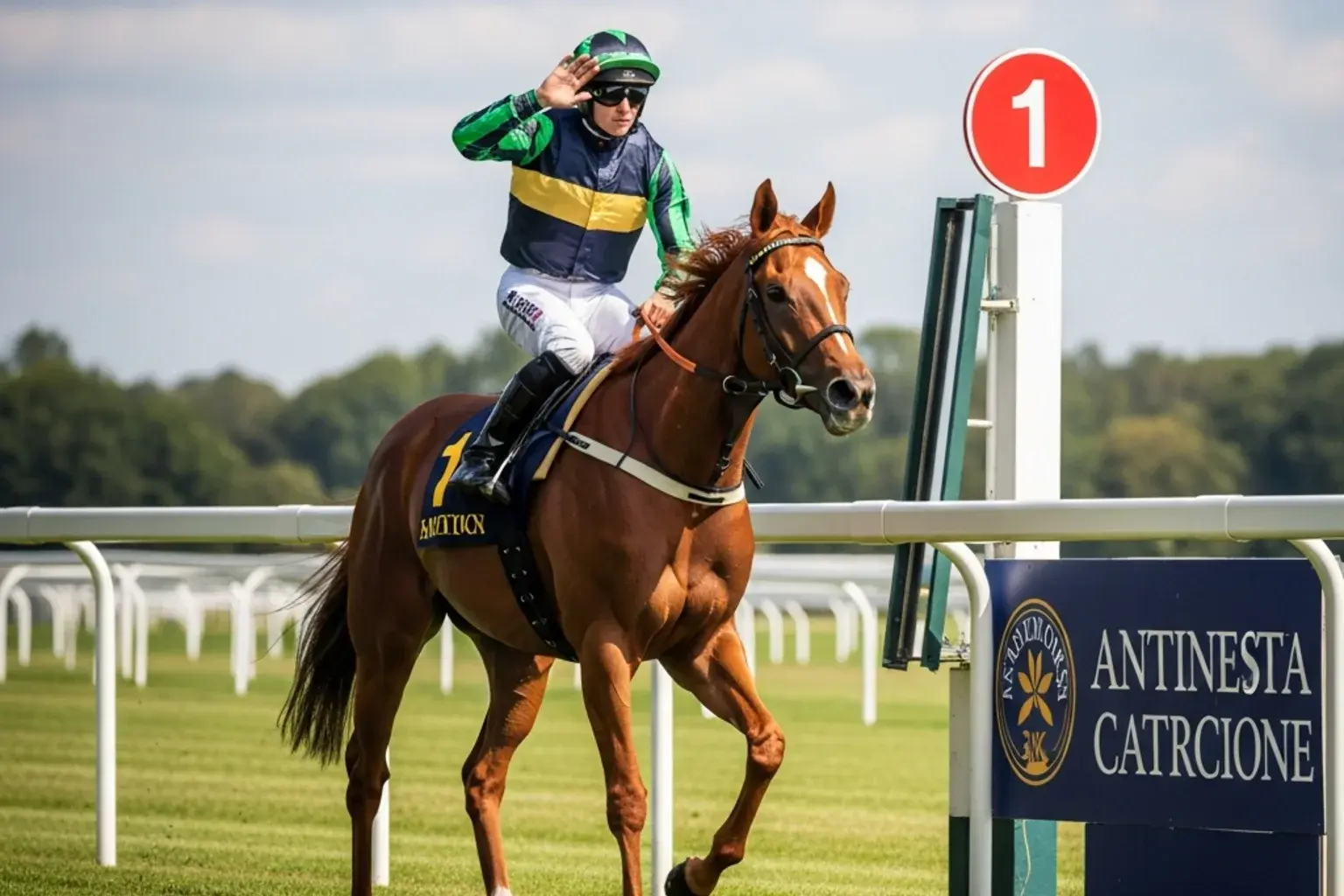 A flat racehorse passing the post first in a British Group 1 contest with the jockey easing up at the line