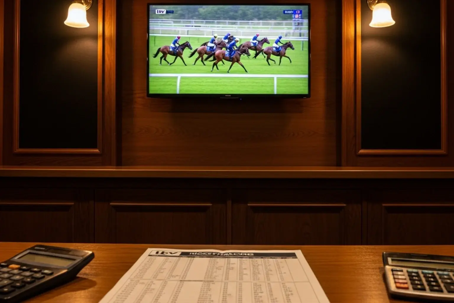 A British high-street betting shop television showing a Saturday afternoon ITV horse racing card with a paper racecard on the counter