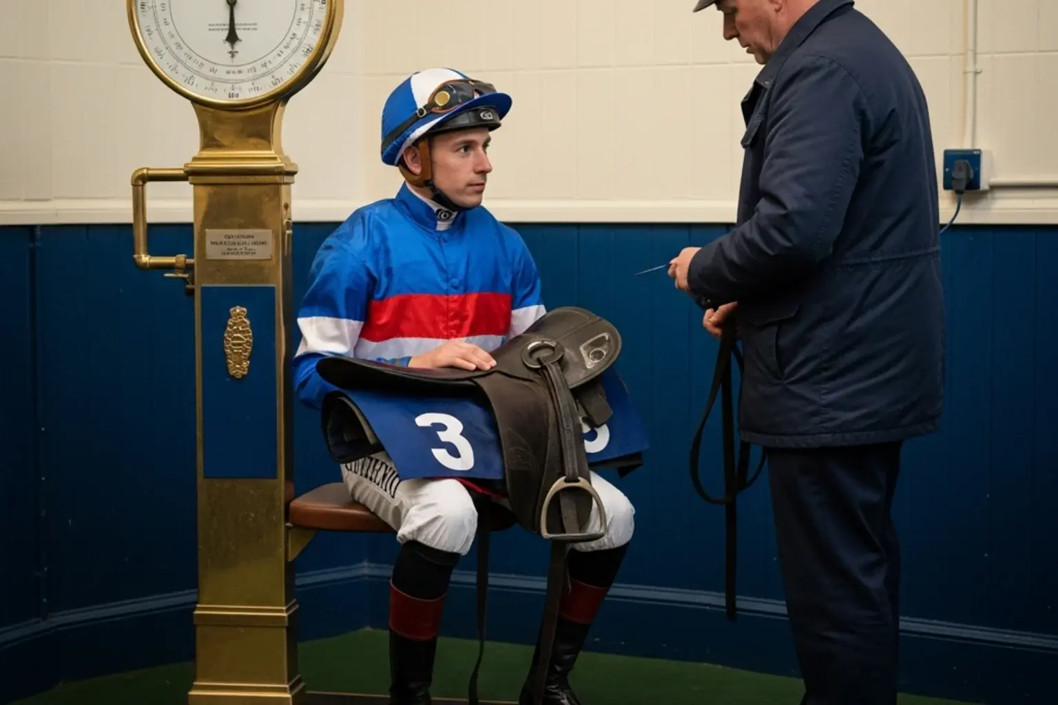 A flat racing jockey in silks sitting on the scales before a race at a British racecourse, holding a saddle and weight cloth