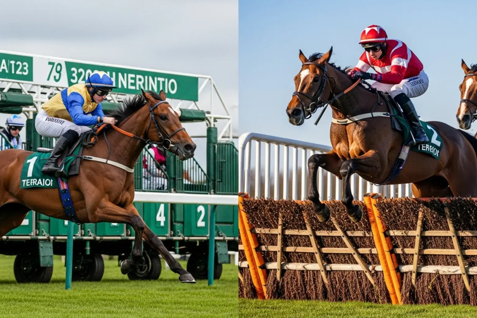 A flat racehorse leaving the starting stalls alongside a jump horse rising at a steeplechase fence on a British racecourse