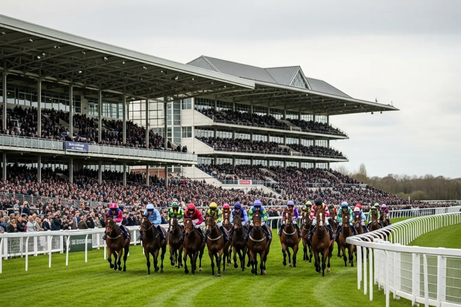 A British racecourse weekday afternoon meeting with a small crowd in the grandstand and the field of horses turning into the home straight