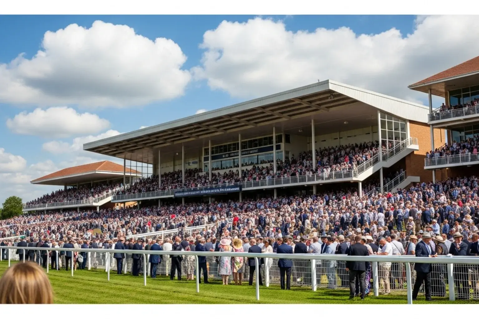 A packed grandstand at a British racecourse on a sunny race day with spectators watching the field pass the post