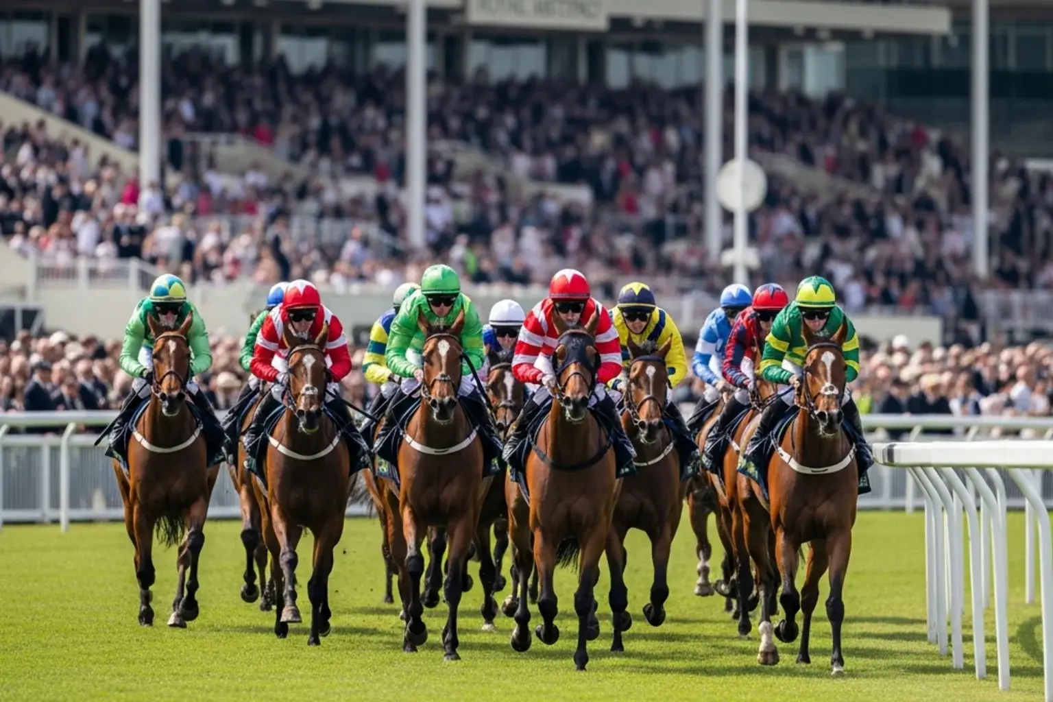 A field of flat racehorses turning for home at Royal Ascot with the grandstand crowd in formal dress in the background