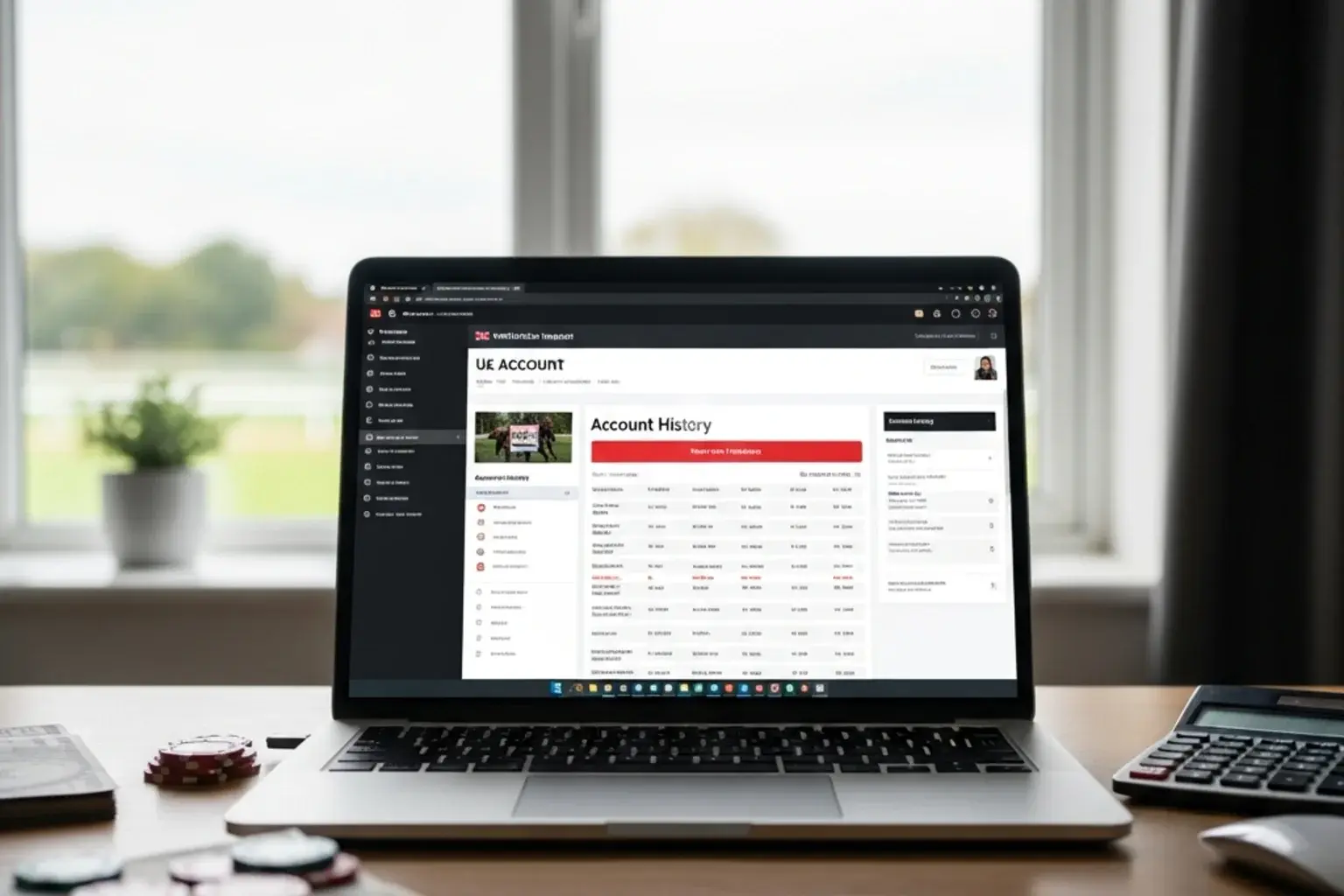 A laptop screen showing a UK betting account dashboard with a verification request and account-history panel open