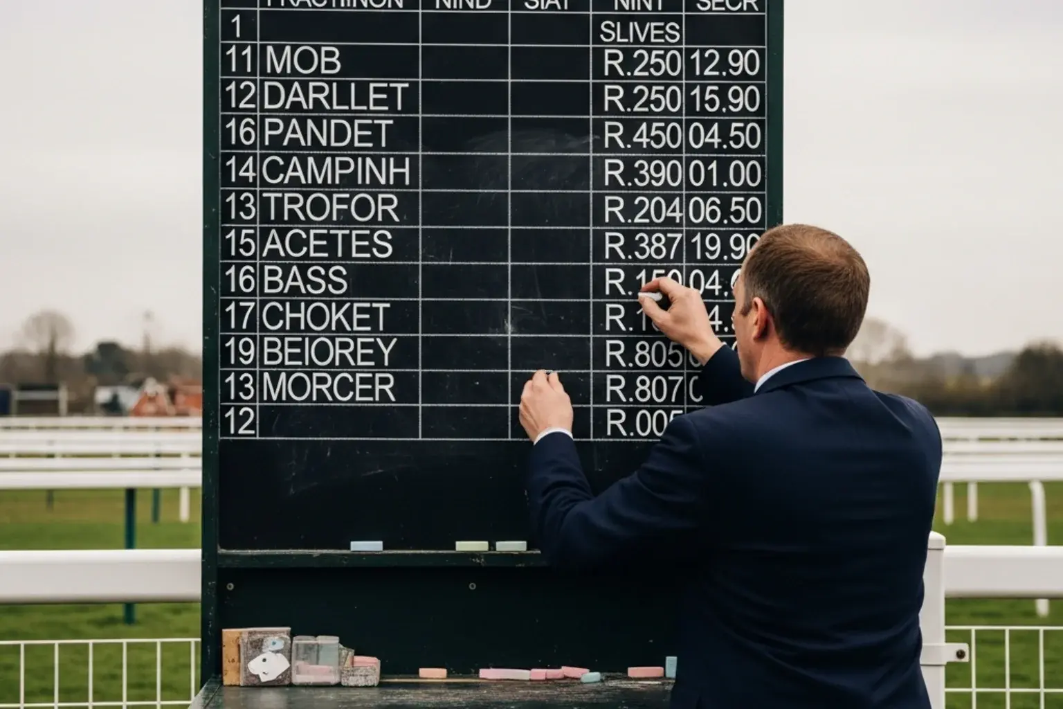 A on-course bookmaker board at a British racecourse showing chalked board prices for a flat handicap race