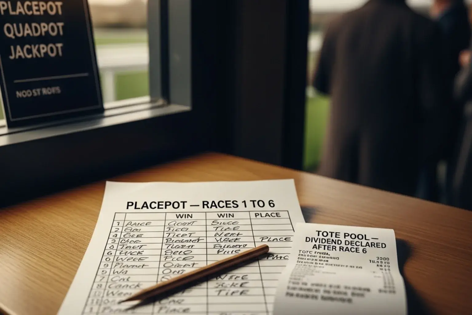 Tote pool betting ticket and Placepot slip at a British racecourse — pool betting vocabulary
