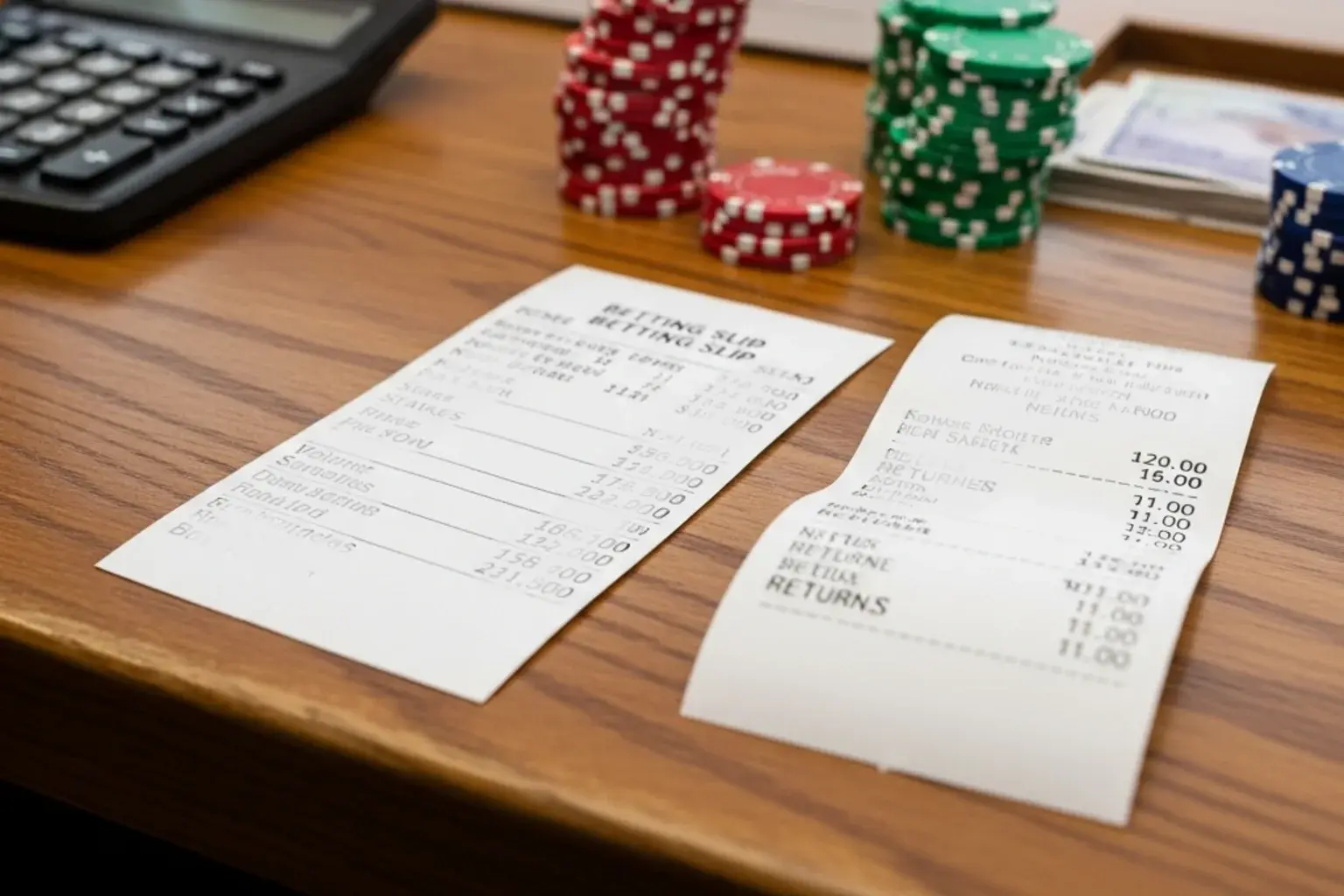 A British betting slip on a counter next to a paper receipt and a calculator showing a stake and a returned price