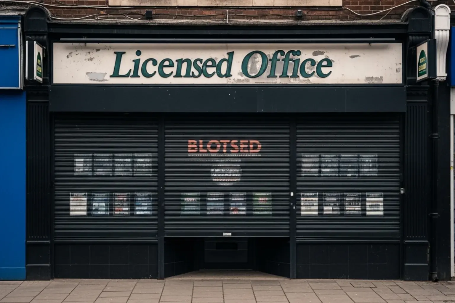 A British high-street licensed betting office with a closed-down shutter and a faded fascia sign on an empty shopping street