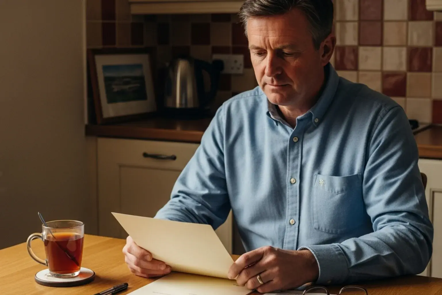 A pensive British punter sitting at a kitchen table beside an opened paper letter and a cup of tea
