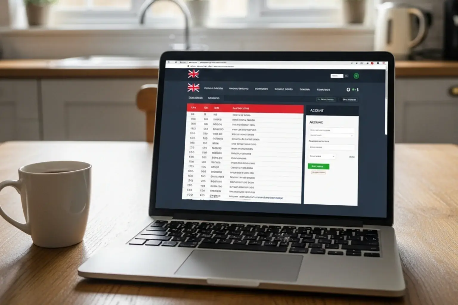 A laptop screen showing an offshore horse-racing betting site with a UK racing card and account login form on a kitchen table