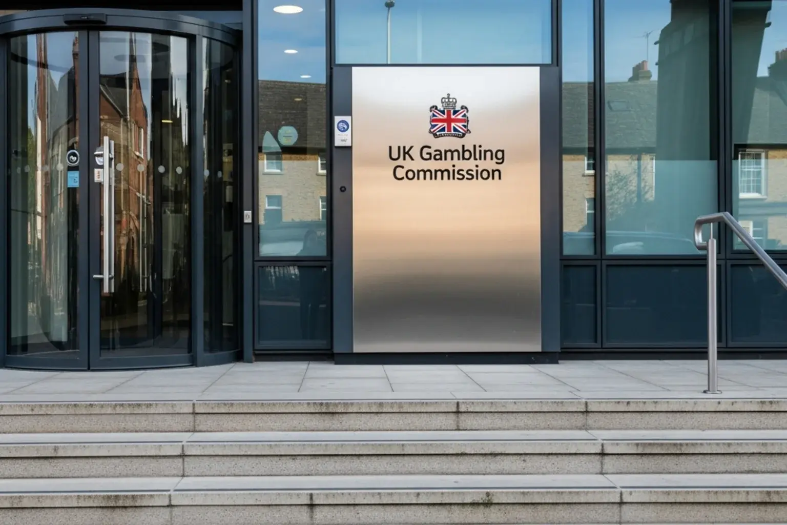 An office building entrance with a UK Gambling Commission signboard and stone steps at a regulator