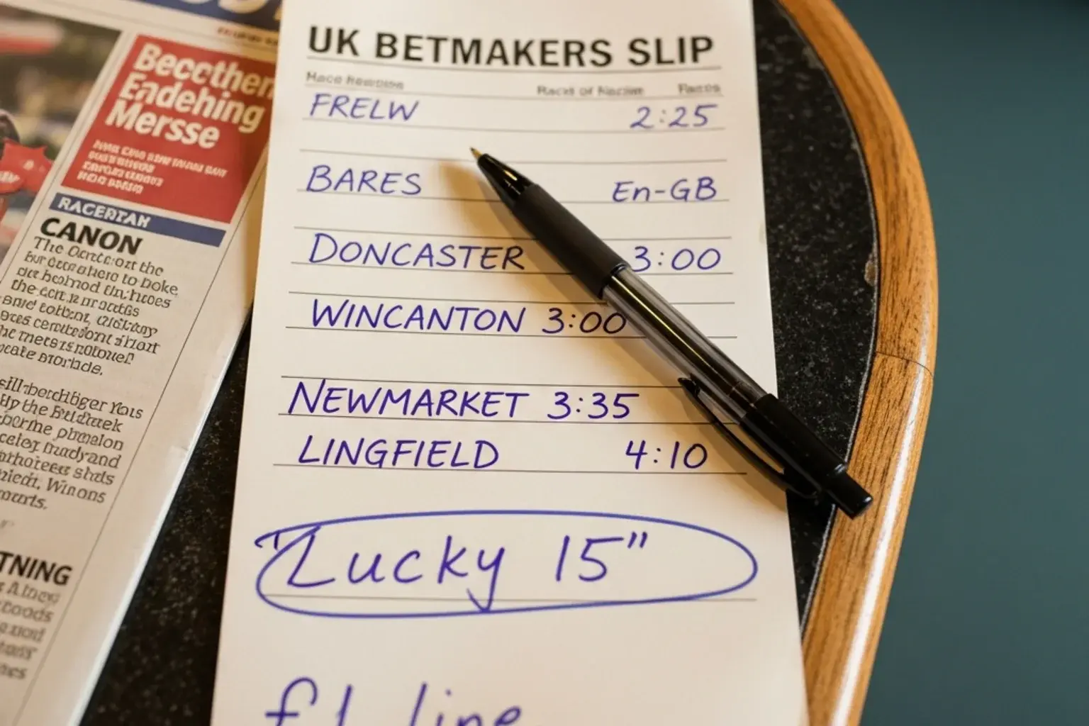 A British betting slip filled in by hand with multiple horse racing selections