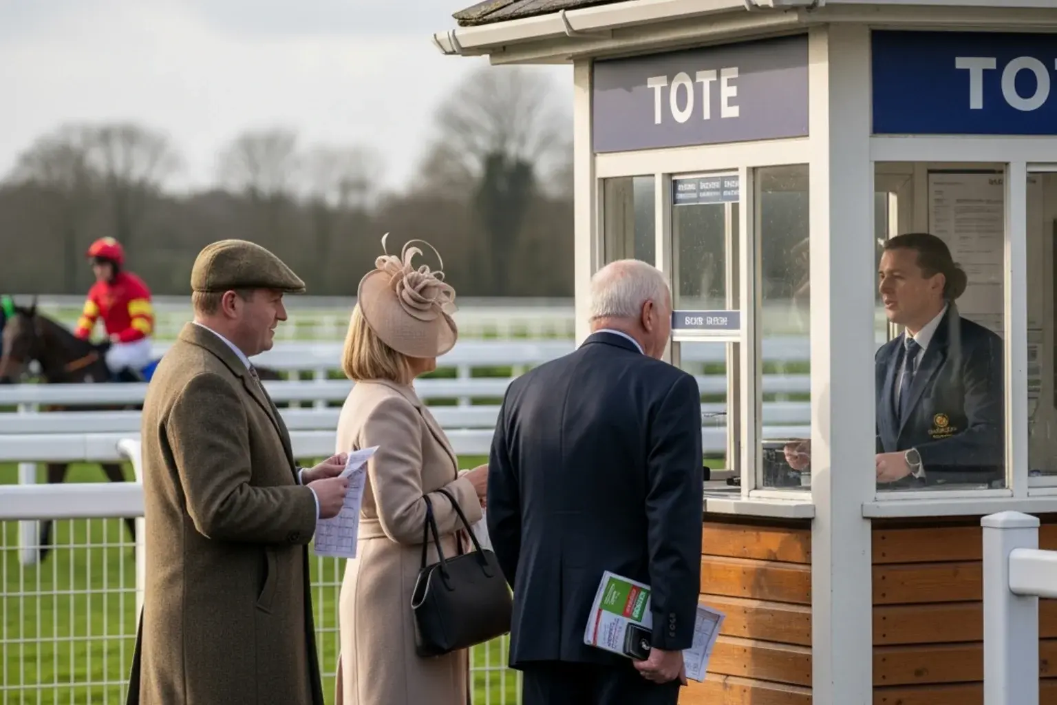 A British Tote betting kiosk at a racecourse with punters queuing on a busy raceday afternoon